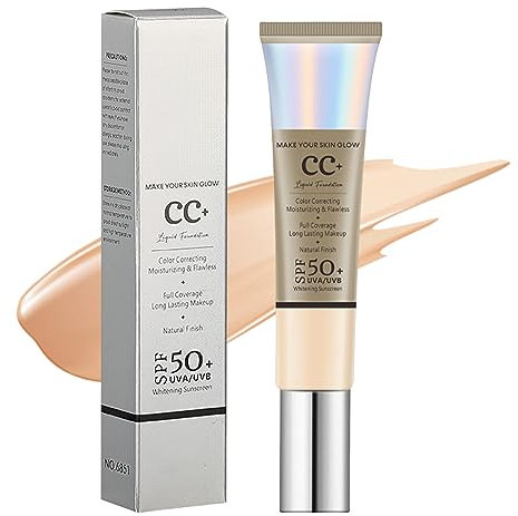 MrCuvaryas CC Cream, Full Coverage Foundation with SPF 50+, Cream Anti-Redness, Colour Correcting and Brightening Face Skin Tone Adjusting for a Natural Glowy Finish(MEDIUM)