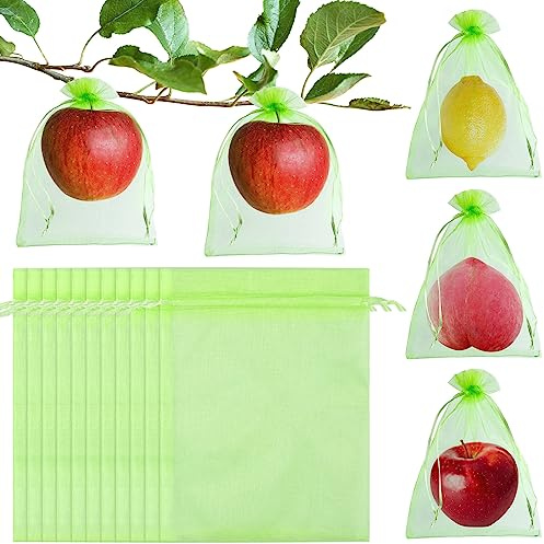 Morcheiong 60 bolsas de protección de frutas de 8 x 12 pulgadas, bolsas de red de frutas reutilizables para árboles frutales, bolsas de malla de red de jardín con cordón (verde)