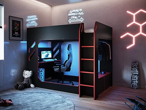 Flair Furnishings Recoil - Small Double High Sleeper Bed for Kids, Gaming Bed with Desk and LED Lighting, Heavy Duty and Sturdy, TV Compatible, Space-Saving Design (Black)