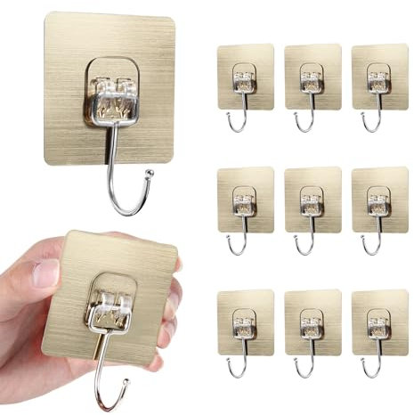Fisynug 10Pcs Large Self Adhesive Hooks Heavy Duty 44 lb/ 20kg (Max) Removable Sticky on Wall Hooks for Hanging Waterproof Rustproof Towel and Coats Hooks for Bathroom Kitchen Office