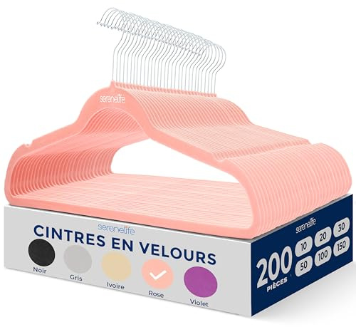 SereneLife Samt-Kleiderbügel Rosa – 200 Stück, Ultradünn, rutschfest & 360° Drehbarer Haken, Platzsparend & Stabil, Für Hemden, Hosen, Jacken, Ideal zur Kleiderorganisation im Schrank