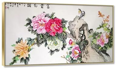 RKGHDCX Chinesische Gemälde auf Leinwand-Reiche Blumen und Vögel Kunstdruck auf Wandbild mit Rahmen-Leinwand Wandkunst Poster und Drucke Bilder für Wohnzimmerdekoration 75x150cm(30x59in) Goldrahmen
