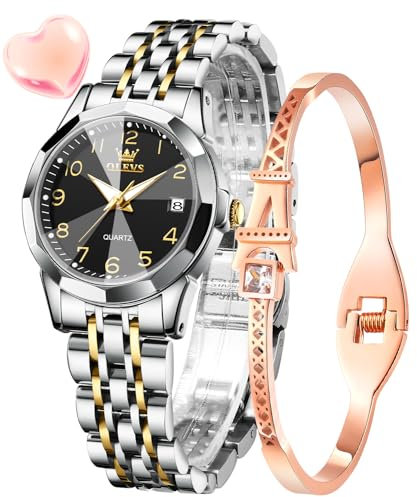 OLEVS Damenuhren Gold Silber Leicht Ablesbare Ziffern Diamant Uhren Damen Japan Analog Quartz Wasserdicht Leuchtend Datum Armbanduhr Geschenk Set
