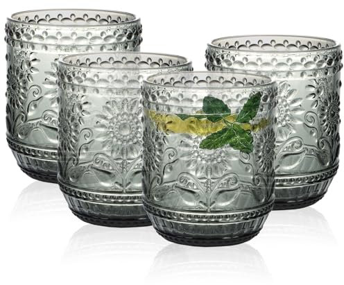 Ulable Drinking Glasses Set of 4-360ml/12oz Vintage Tumbler Glasses - Decorative Floral Embossed Water Glasses - Heavy Duty Glassware Beverages Tumblers for Whisky, Beer, Juice, Wine, Grey
