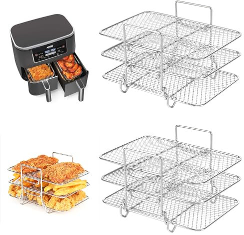 BYKITCHEN 2 PCS Air Fryer Racks for Tower/Ninja Dual AF400UK/AF451UK/AF500UK, Three Layer Stainless Steel, Air Fryer Accessories for Ninja 9.5L/Flex Drawer 10.4L / Instant/EMtronics 2 Drawer Fryer