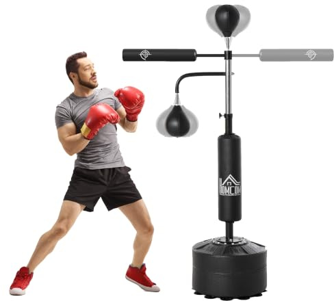 HOMCOM Sacco da Boxe da Terra 4 in 1, Sacco per Pugilato da Terra con 2 Speedball, Barra Girevole per Riflessi, Altezza Regolabile da 160-230cm, per Palestra Casa MMA Thai Adulti