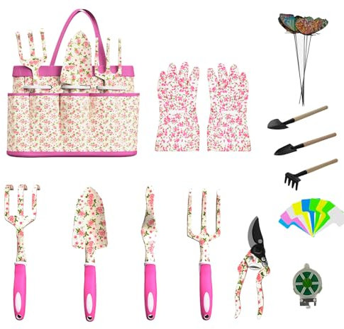 MYMULIKE Set di attrezzi da giardinaggio, 26 pezzi in stile floreale,impugnatura ergonomica antiscivolo, con guanti da giardinaggio, ideale come regalo da giardino per