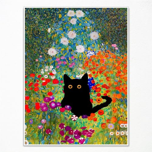 Gustav Klimt Leinwand-Wandkunst, Schwarze Katze Gartenblume Poster, lustiger Katzen-Blumendruck, bunte abstrakte ästhetische für Schlafzimmer Badezimmer 30x40cm ungerahmt