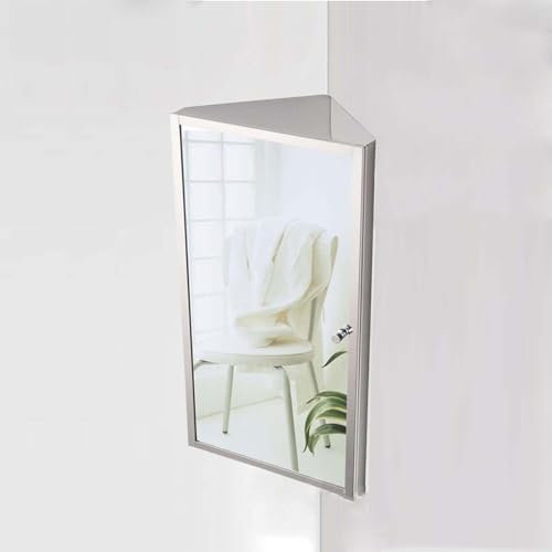 Spiegelschrank Bad, Eckschrank aus Edelstahl mit Spiegel und 2 Ablage, Hängende Dreieckige Badschrank, Moderne Badezimmer Möbel für kleinen Raum(Linke Tür)