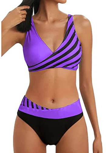 SHINEHUA Damen Bikini Set Wickeloptik Lace Up Bikini Set Neckholder Bikini Oberteil High Waist Wickel Bikinihose Tiefer V Ausschnitt Sportlich Zweiteiliger Strandbikini Damen (R6-Purple, L)