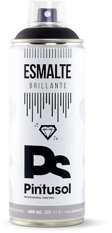 PINTUSOL Esmalte Brillante Negro en Spray RAL9005, Acabado Brillo, Resistencia UV Alta Opacidad, Fácil Aplicación, Multisuperficie Madera Metal Plástico, Pintura Profesional Negra Espray 400ml