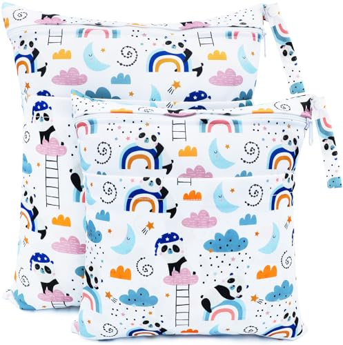 CHEESANHERR Nasstaschen Windeltasche, 2 Stück Wetbag Organiser Kindergarten, Stoffwindeln Wickeltasche Groß Nasssack Nassbeutel Naßtasche Wiederverwendbare wasserdichte für Baby (Weißer Panda)