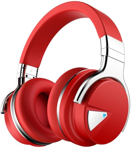 GarageRock E7 Active Noise Cancelling Headphones Bluetooth Headphones Wireless Headphones Over Ear with Microphone Deep Bass, Comfortable Protein Earpads, 30 Hours Playtime for Travel/Work, Red