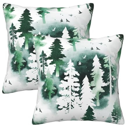 Llylumty Kissenbezug mit Aquarell-Wald, Natur, Nadelwald, Berge, Vögel, Tannen, Kiefern, Druck, quadratisch, weicher Kissenbezug für Heimdekoration, Wohnzimmer, 40,6 x 40,6 cm