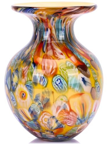 Runde gelbe Glasvase für Heimdekoration, mundgeblasene Vase für Blumen, Boho-farbige Kunstglasvasen für modernen Esstisch, flippige Tafelaufsätze, Büro, Schreibtisch, Arbeitsplatte, TV-Ständer