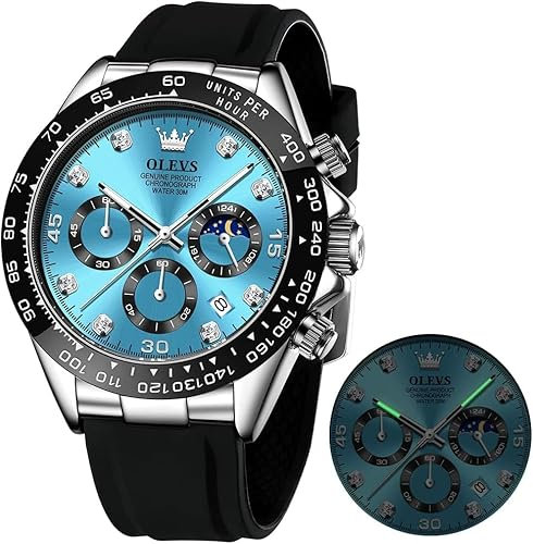 OLEVS Herrenuhr Business Luxus Diamond Moon Phase Männliche Uhr Chronograph Blau Zifferblatt Mode Kleid wasserdichte Datum Analoge wasserdichte Männer Armbanduhr