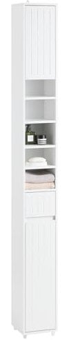 SoBuy Badezimmer Hochschrank mit 5 Fächern Badschrank Badregal mit 1 Schublade und Türen Badmöbel Weiß BHT ca. 20x180x20cm BZR160-W