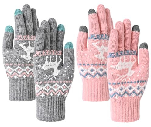 TaleMoon Handschuhe Damen Touchscreen, 2 Pairs Thermo Handschuhe Damen Winter, Fleece Handschuhe Damen, Winterhandschuhe Frauen, Winter Gloves Baumwolle für Frauen und Männer（Grau + Rosa）