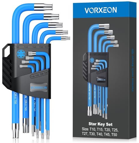 VORXEON Clé Torx T10, T15, T20, T25, T27, T30, T40, T45,T50 Jeu de clés Allen coudées - Acier Cr-V et S2 - Support pliable et code couleur - Pour réparation de vélo, voiture, moto