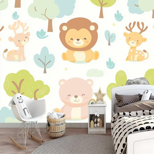 Papier Peint Panoramique Dessin Animé Lion Ours Personnalisé 3D Papier Peint 200 x 140 cm Revêtement mural décoration pour Salon Cuisine Etude Chambre Adulte, D'enfant Coloré