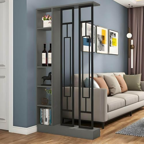 Eingangshallen-Trennwand-Säule von Boden bis Decke, Paravent mit Aufbewahrungsfächern, Freistehende Raumteiler mit Regalen für das Wohnzimmer, geeignet für Flure, Arbeitszimmer usw(Gray+Black,L80cm/31