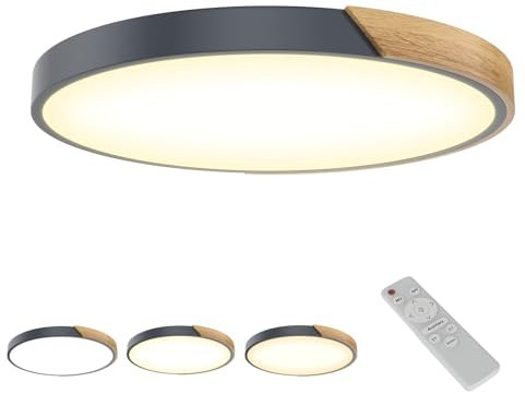 LZQ 96W Deckenlampe LED Deckenleuchte Holz,Modern Holzlampe,Rund Lampe Decke Dimmbar,Flach Beleuchtung,für Wohnzimmer,Schlafzimmer,Badezimmer,Küche,Flur,kinderzimmer,Büro,Grau