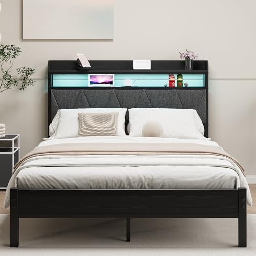 HAHRIR Metallbett 120x200cm mit gepolstertem Ablagekopfteil Schwarz | Metallbett 120x200cm gepolstertes Kopfteil mit doppelter Ablage, integriertes LED und USB für das Schlafzimmer