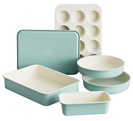 GreenLife 6 Piece Nonstick Bakeware Set, Non-Toxic PFAS-Free Ceramic Oven Pans, Dishwasher & Oven Safe to 450°F, Easy Release Baking Sheet, Loaf Pan, Rectangle & Round Cake, Muffin Pan, Turquoise