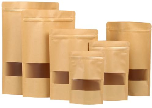 MOMAHUA 50 Stück Kraftpapiertüten mit Fenster, 18x26cm Kraftpapier Tüten, Wiederverwendbar Kekstüten Groß Papiertüten Braun Verschließbare für Nüsse Kaffeebohnen Teeblätter Süßigkeiten Snacks