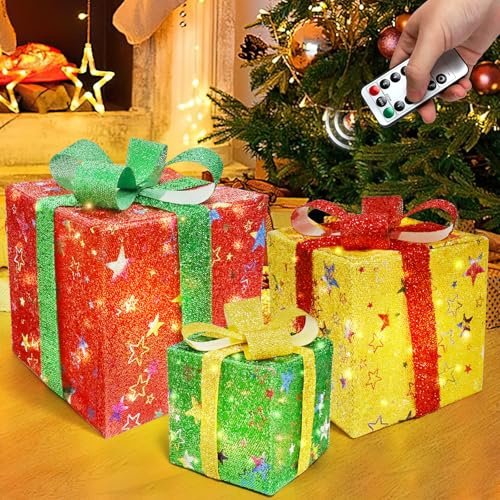 3er Set LED Geschenkbox Weihnachten, Deko Geschenke Leucht Boxen mit 8 Leuchtmodus, Fernbedienung und Timer, Batterie Betrieben, Weihnachtsdekoration für Wohnzimmer, Ohne Batterie(Stil 1)