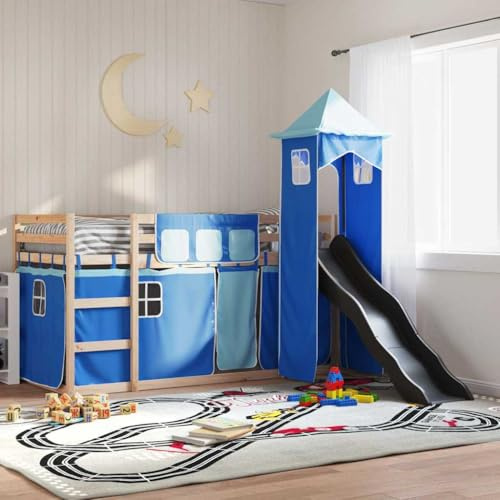 Kaloriko Etagenbett mit Rutsche und Gardinen Blau 90x200 cm, Massivholz Kiefer, Kinderbett mit Absturzsicherung, Spielturm für Kinderzimmer