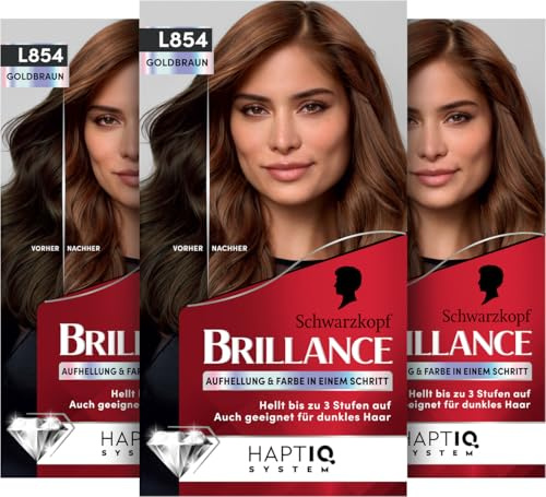 Schwarzkopf Brillance Intensiv-Color-Creme L854 Goldbraun (3x 170 ml), Permanente Haarfarbe mit perfekter Grauabdeckung, Coloration mit pflegendem Biotin-Komplex für bis zu 12 Wochen Farbintensität