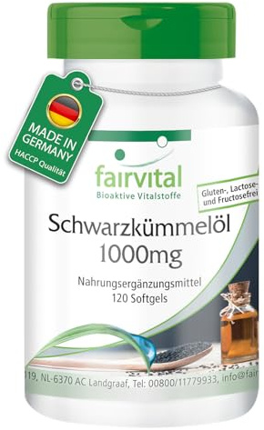 fairvital Schwarzkümmelöl 1000mg, 120 Softgels, kaltgepresst, original Nigella sativa, 1000mg pro Kapsel, qualitätsgeprüft und hochdosiert, Made in Germany
