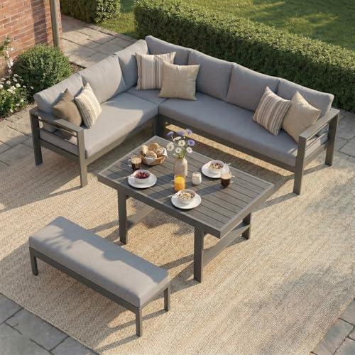 LANOX Aluminium Gartenlounge Set mit Tisch – 5-teiliges Lounge Gartenmöbel für 6–8 Personen, wetterfest & UV-beständig, ideal für Terrasse, Garten & Wintergarten, Grau