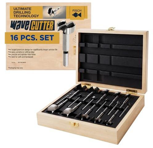 Fisch FSA-196037 16pce Wave Cutter Forstner Bit Set In Custom Wooden Box, Includes bits from 1/4-Inch up to 2-1/8-Inch