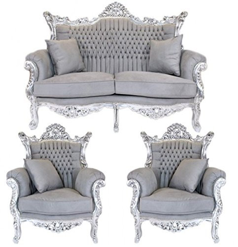Casa Padrino Barock Wohnzimmer Set Master Grau/Silber - 2er Sofa + 2 Sessel