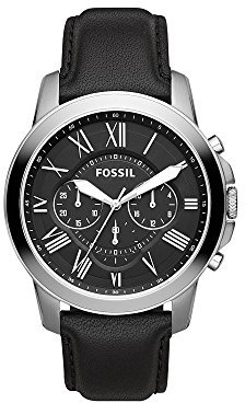 Fossil Grant uhr für Herren, Quarz-Chronographenwerk, mit Edelstahl- oder Lederarmband, Schwarz und Silberton, 44MM