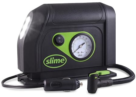 Slime 40050 - Compressore d'aria portatile per auto, con quadrante analogico da 100 psi, tubo lungo e luce LED, 12 V, 8 min di gonfiaggio