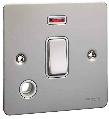 Schneider Electric Ultimate Flat Plate - Single Light Switch, with Flex Outlet and Neon Indicator, Double Pole, GU2214WPN, Pearl Nickel with White Insert