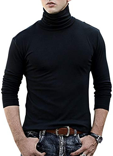 TUPARKA Mens Turtleneck Soft Long Sleeve Top Ski Golf Cotton Thermal T-Shirt Jumper Large Size Black(Size: XL)