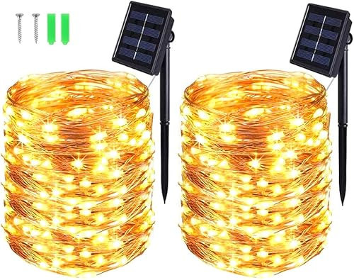 BOLWEO Solar-Lichterkette, 20 m, 200 LEDs, Solar-Lichterkette, für den Außenbereich, 8 Modi, wasserdicht, Kupferdraht für Dekoration Zimmer, Garten, Terrasse, Abend, Party, Weihnachten (Warmweiß, 2