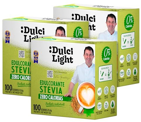 Dulcilight Estevia Granulada - 300 Sobres de Stevia 100% Sabor Natural Zero Calorías 1 sobre = 2 cdas de Azúcar Edulcorante Sustituto del Azúcar con Fibra Vegetal No GMO Keto Vegano Libre de Gluten
