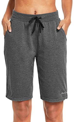 baleaf Damen Bermuda Shorts Baumwolle Sporthose Kurz Knielang Sweathose Sommerhose mit Taschen 10 Activewear Hosen Loose Casual Freizeit Dunkelgrau L