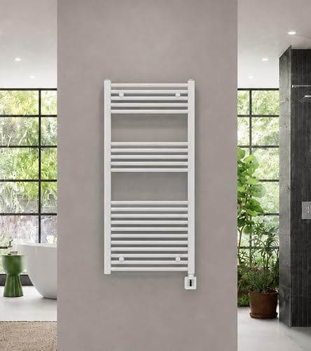 anapont elektrischer Badheizkörper 1175x400 weiß gerade | Handtuchheizkörper mit Thermostat & Timer | 600 W | IPX5 | Made in Germany, optionale Fernbedienung
