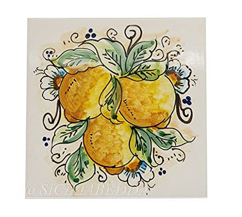 Sicilia Bedda - PIASTRELLA IN CERAMICA SICILIANA - Realizzata e Dipinta a Mano - 15 x 15 x 0.8 CM (Decorazione Limoni)