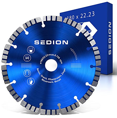 SEDION ® Diamanttrennscheibe 180 mm - Trennscheibe zum Trennen von Stein Beton Stahlbeton Pflastersteine Klinker Granit Asphalt Basalt - 180mm x 22,23 - Sedion Premium Qualität - Diamant Steinscheibe