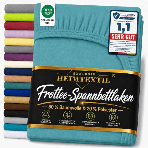 Exklusiv Heimtextil Frottee Spannbettlaken Marke 200 x 220 cm 80% Baumwolle, 20% Polyester Öko - Tex Zertifiziert, Markenqualität, Matratzenhöhe bis 35 cm, Türkis