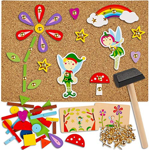 alles-meine.de GmbH Hammerspiel - 180 Teile Feen - Pilze & Blumen/für Kinder - Klopfspiel Nagelspiel - Hämmerchenspiel - Holz bunt Nagel Hammer - Hämmerchen mit Korkplatte & ..