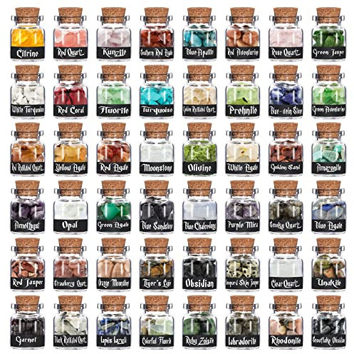 WELLPICK 48 PCS Gemstone Bottles Chips Crystal for Witchcraft, Chakra Healing Crystal Gift, Various Gemstones in Bottle for Home Décor & Collection, Tumbled Gem Reiki Wicca Stones Gift Set (48pcs)
