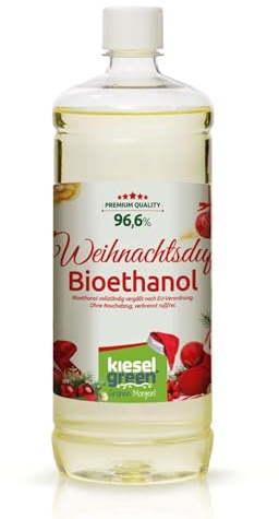 KieselGreen Bioethanol 1 Liter mit Duft für Ethanol-Kamin, viele Sorten - Bio Ethanol als Raumduft in vielen Duftnoten - Parfüm für Bio Ethanol Kamin Indoor oder Bioethanol Tischfeuer (Weihnachtsduft)